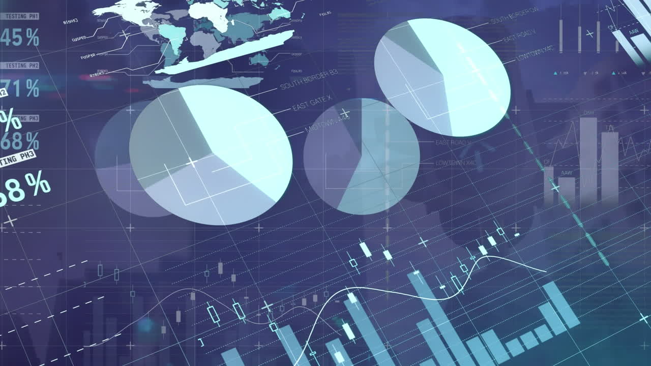 Animation of financial data processing over cityscape