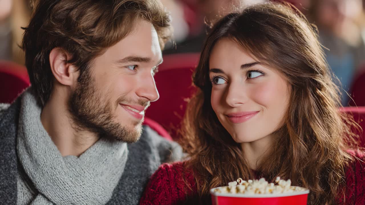 Une soirée cinéma chaleureuse : un couple profite de son temps ensemble au cinéma, partageant rires et pop-corn tout en regardant un film sur grand écran