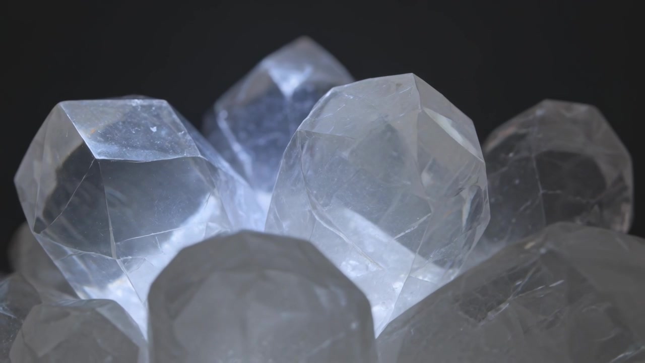 Brightening light revealing faceted crystal cluster in studio, hand tapping to shift highlights