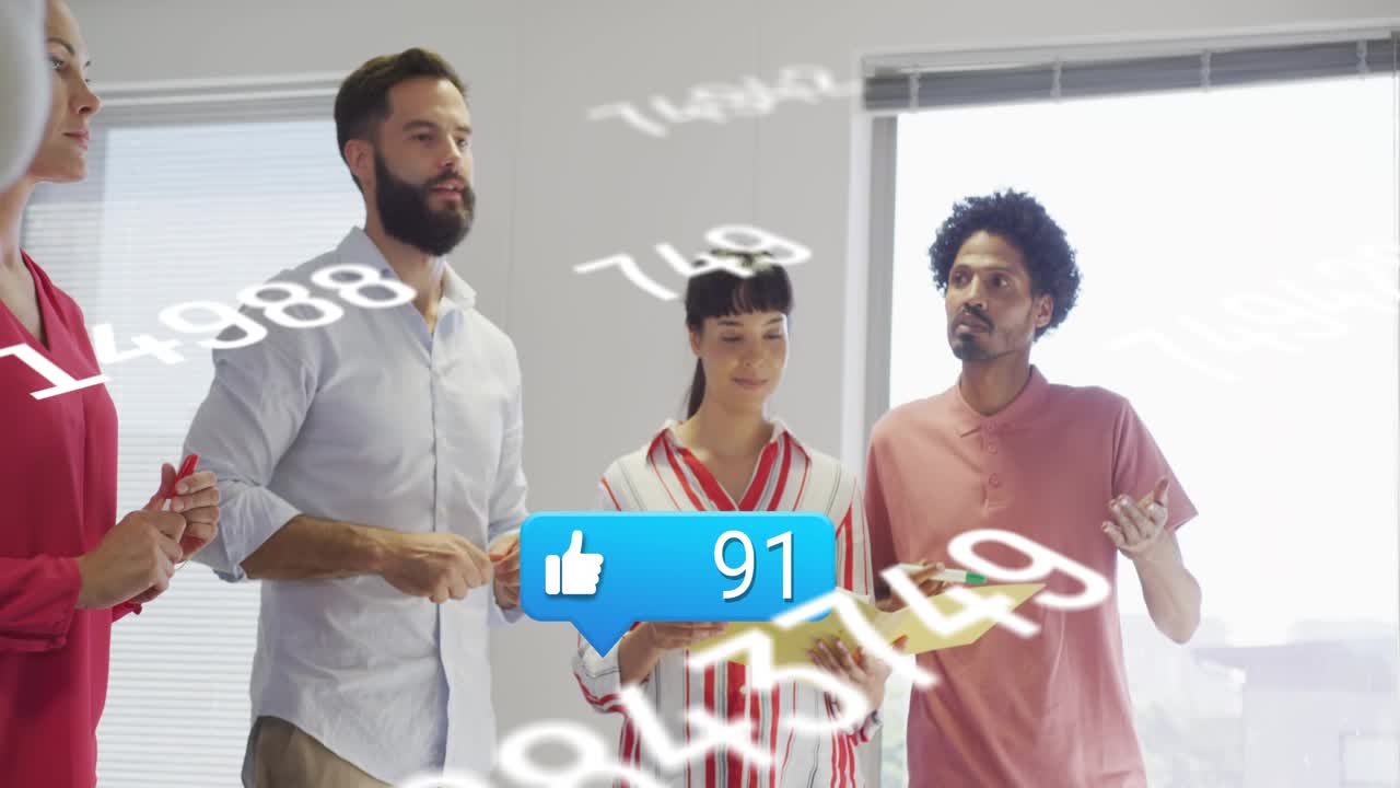 Team reacting in meeting as social metrics updating with like-bubble incrementing, tracking growth