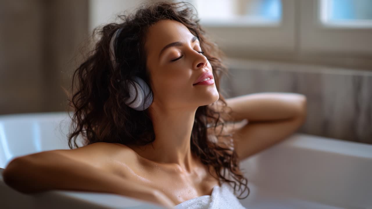 Momenti di relax: una giovane donna che si gode musica e tranquillità in una vasca da bagno mentre indossa le cuffie, abbracciando la serenità e la cura di sé