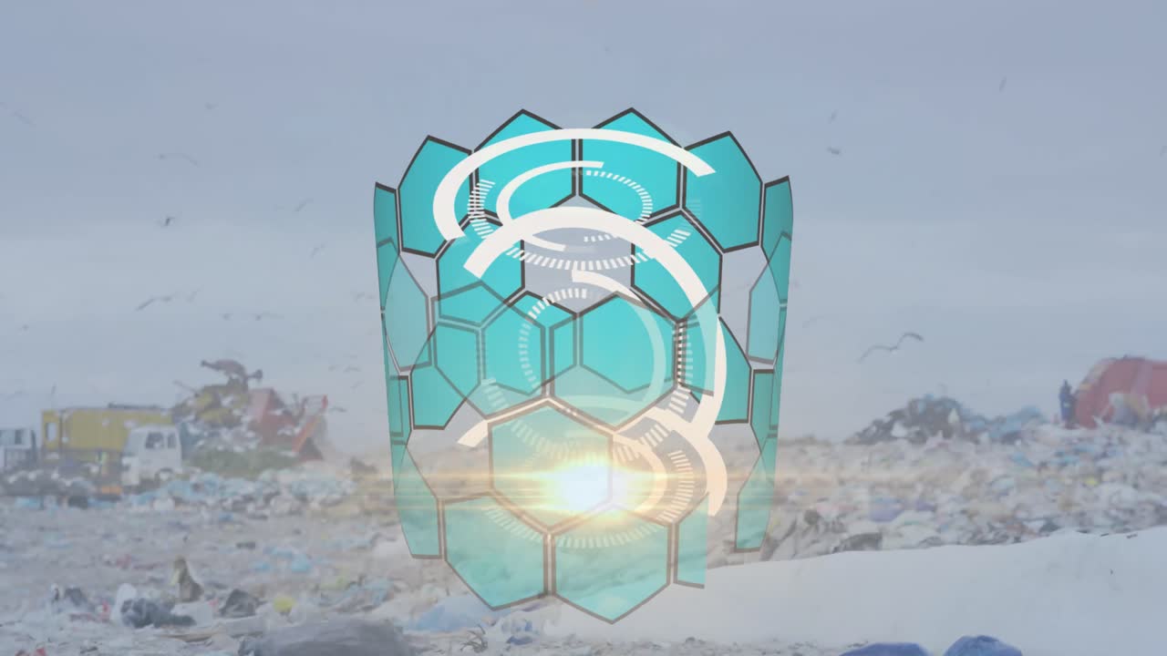 animación de círculos de carga y patrón hexagonal con gaviotas volando sobre el vertedero
