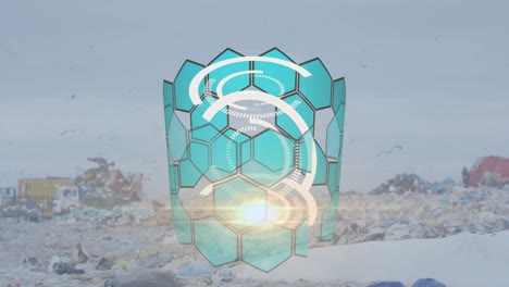 Animation-of-loading-circles-and-hexagon-pattern-with-seagulls-flying-over-dump-yard