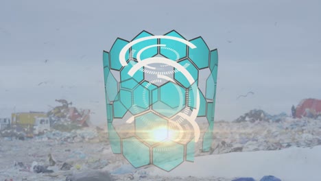 animación de círculos de carga y patrón hexagonal con gaviotas volando sobre el vertedero