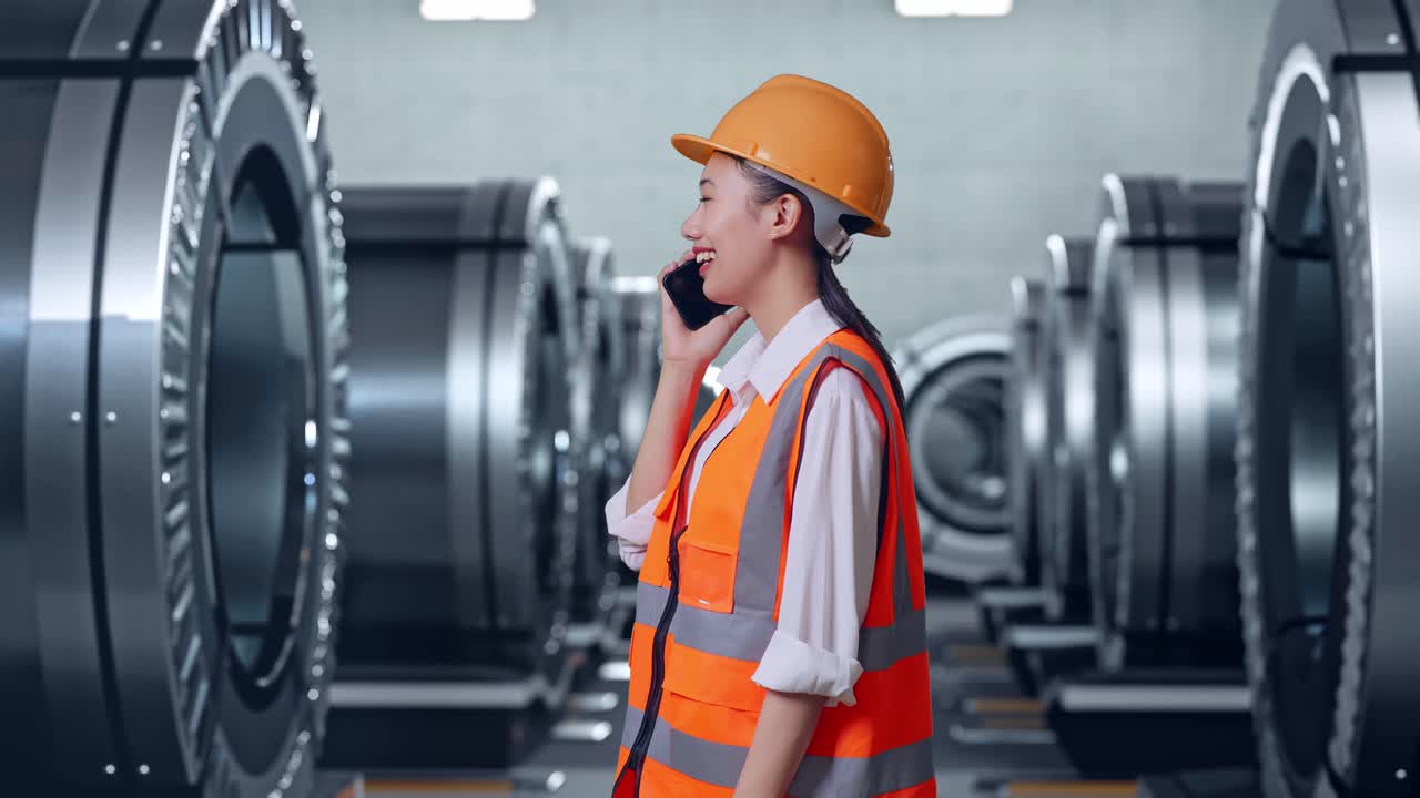 Side View Of Asian Female Engineer With Safety Helmet Talking On Smartphone While Standing In Metal Factory