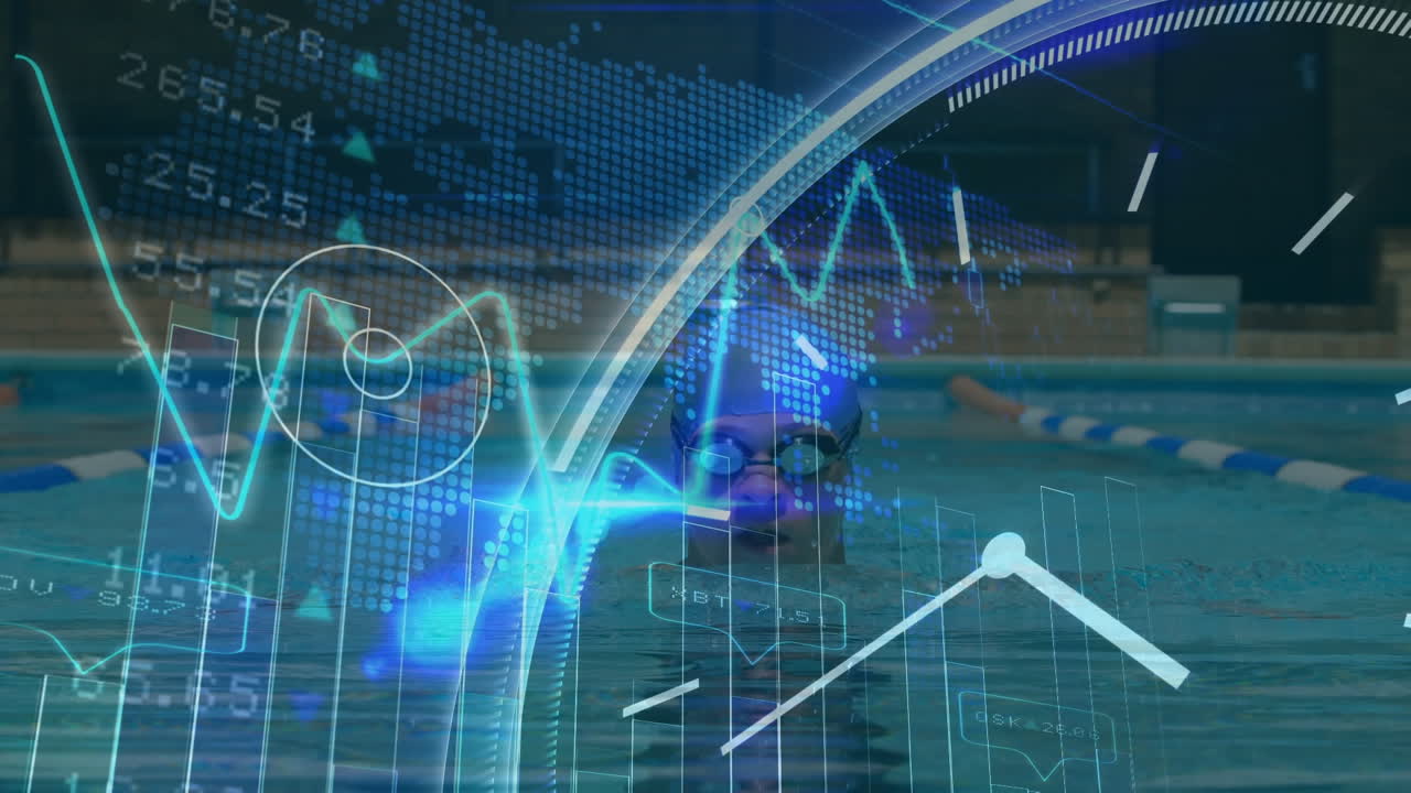 Financial data processing and clock ticking against male swimmer swimming in the pool