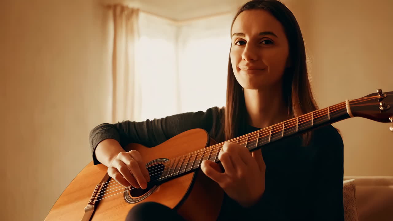 mujer tocando la guitarra acústica en casa