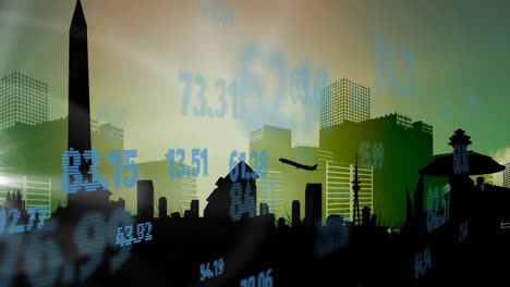 animation of financial data processing over cityscape