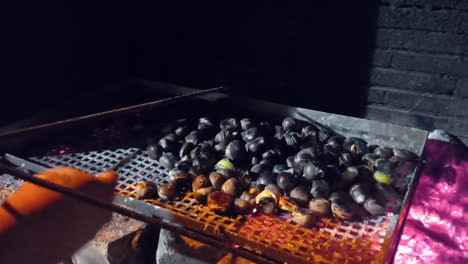 roasting chestnuts over coals, a man's hand stirs the chestnuts