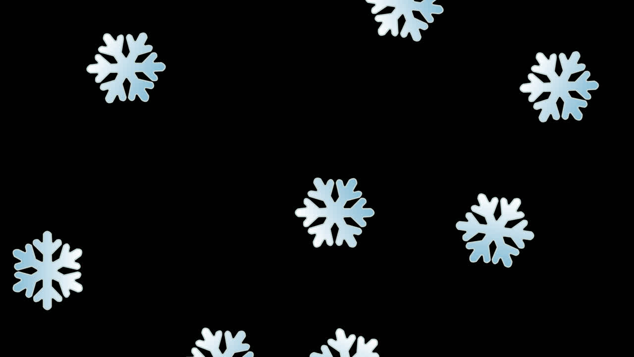 Animation cartoon flat style of light blue and white snowflakes falling from above and disappearing on the bottom while rotating