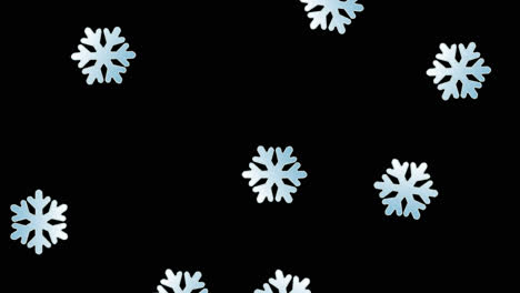 animación estilo plano de dibujos animados de copos de nieve azules claros y blancos que caen desde arriba y desaparecen en la parte inferior mientras giran