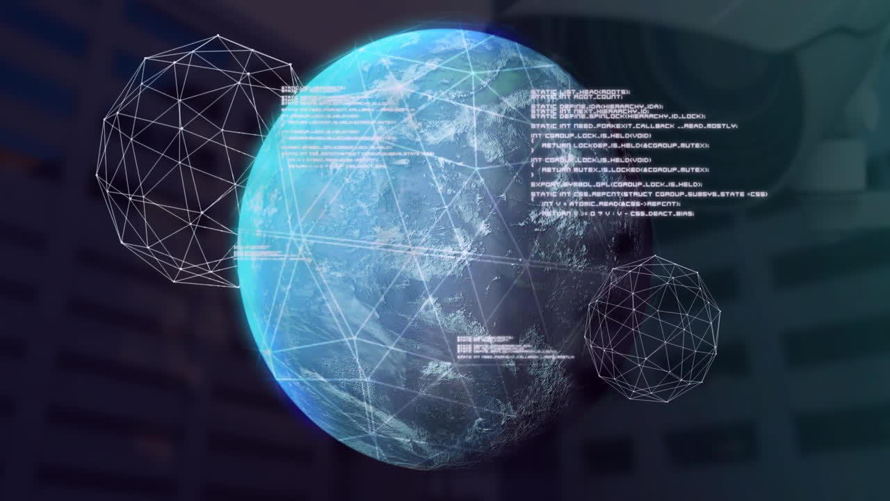 Digital network and data processing animation over rotating Earth and geometric shapes