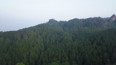 Drohnenaufnahme-Einer-Bergkette,-Die-Am-Nebligen-Morgen-Von-Dichtem-Wald-Bedeckt-Ist