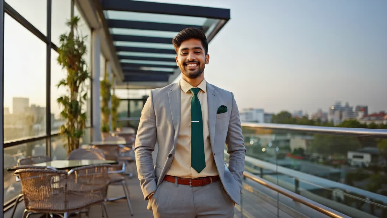 Young entrepreneur wearing suit with tie and tie clip standing on rooftop cafe with hands in pockets, smiling at the beginning of a new working day