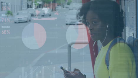 animación de la interfaz infográfica, niña afroamericana usando el teléfono móvil mientras espera en la parada de autobús