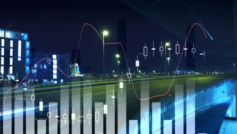 Animation-of-statistical-data-processing-against-time-lapse-of-night-city-traffic