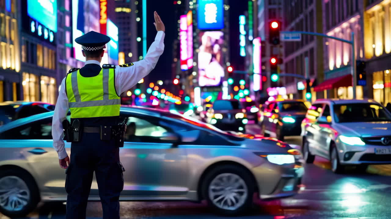 Police Officer Directing Traffic at Night in a Busy City Street