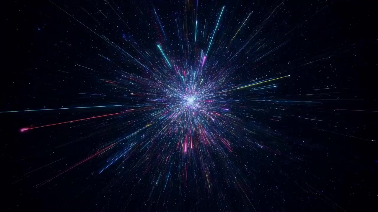 Bright central core expands with multicolor rays streaming outward through dark space, creating glowing nebula haze, sparkling particles, vivid contrast, and dynamic cosmic energy, with cosmic, burst