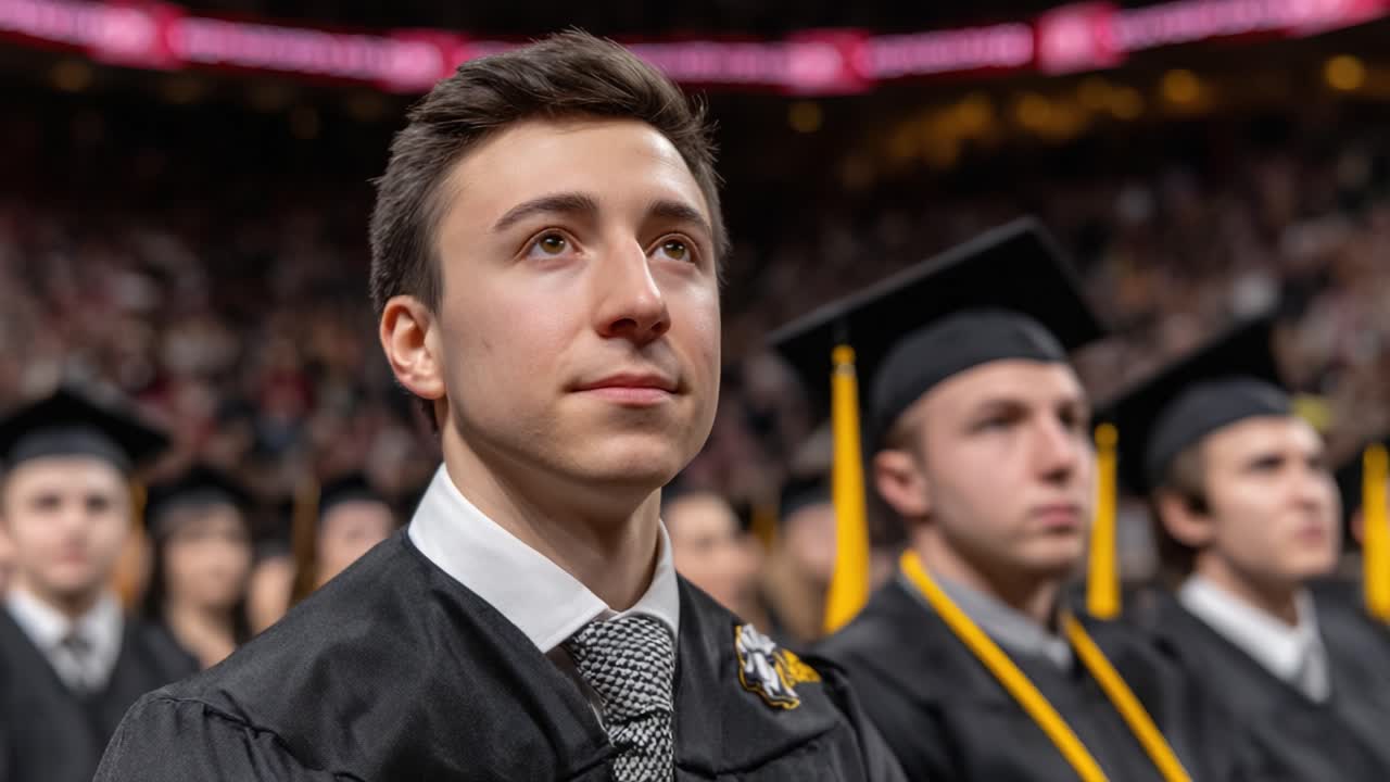 Proud graduates in academic regalia listen attentively during a commencement ceremony, capturing the emotional moment of achievement and celebration amidst the crowd