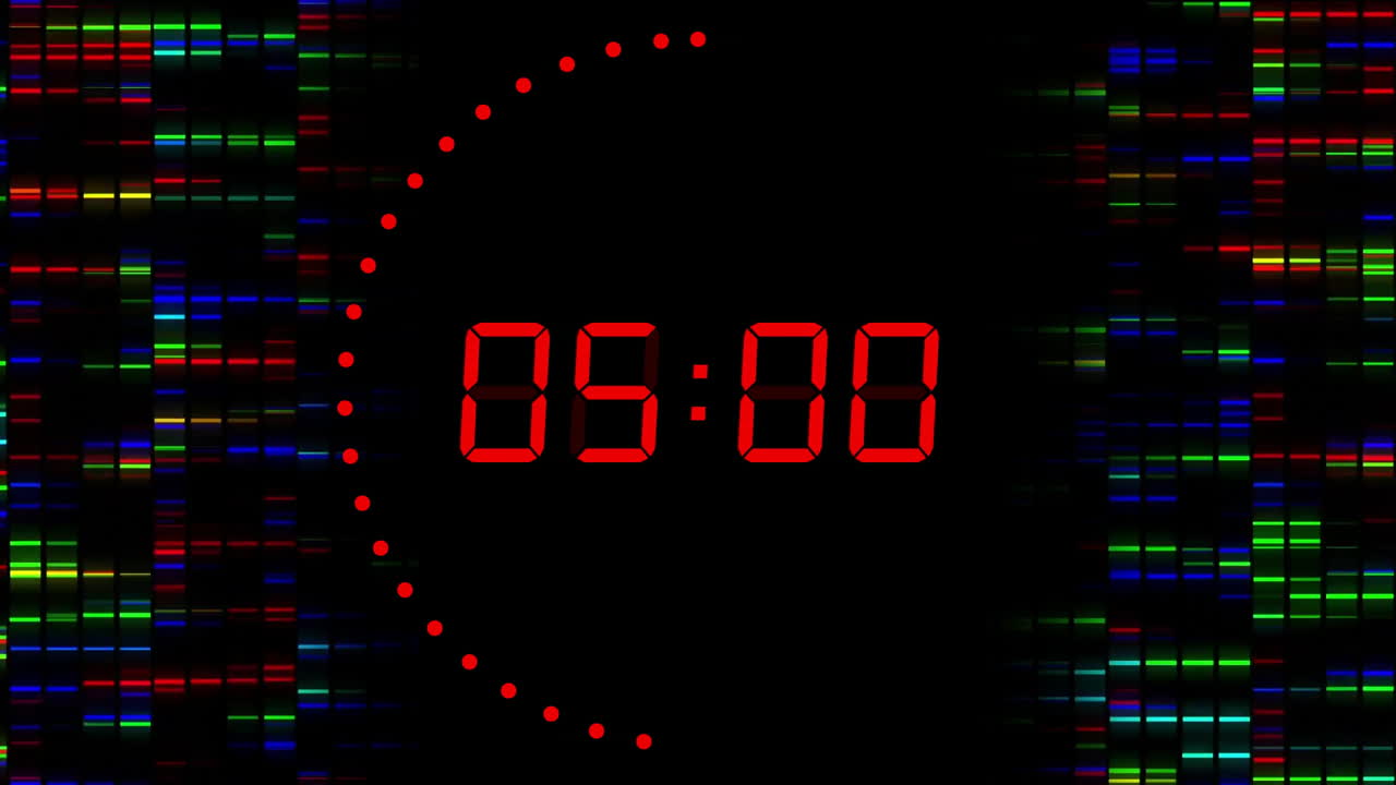 Animation of red digital timer changing with dots on black background