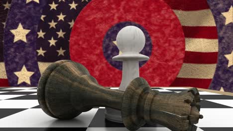 animation of fallen queen with pawn on chess board over circles and flag of america