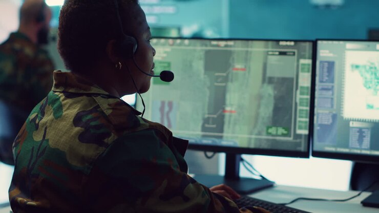 Female army operator registers important information from surveillance system