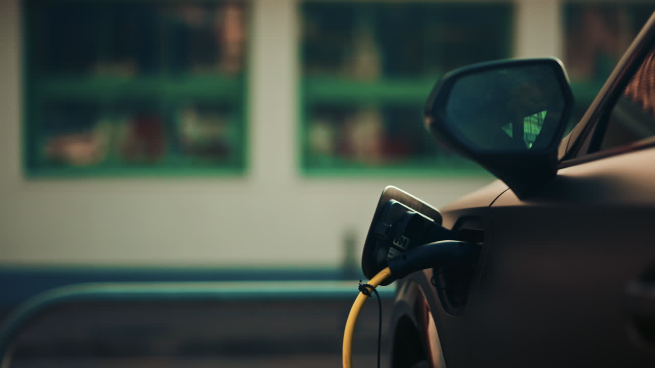Close up of an electric vehicle plugged into a charging station