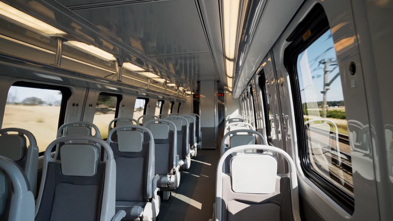 Un video dinamico cattura l'interno di un treno moderno da un angolo basso, mettendo in mostra il design elegante