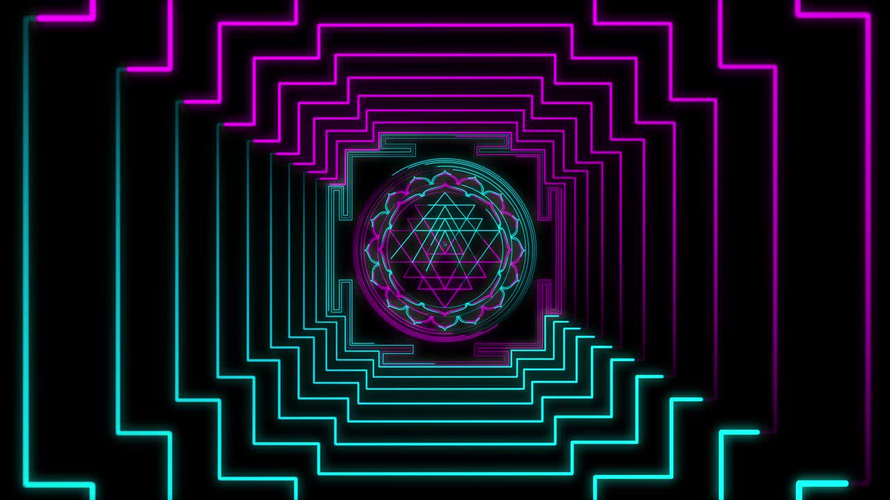 Abstract neon flying geometric tunnel with Sri Yantra Mandala. Seamless loop 4k background. Futuristic corridor with Neon Lights. Virtual reality design 3d render. Beautiful mandala pattern for Diwali