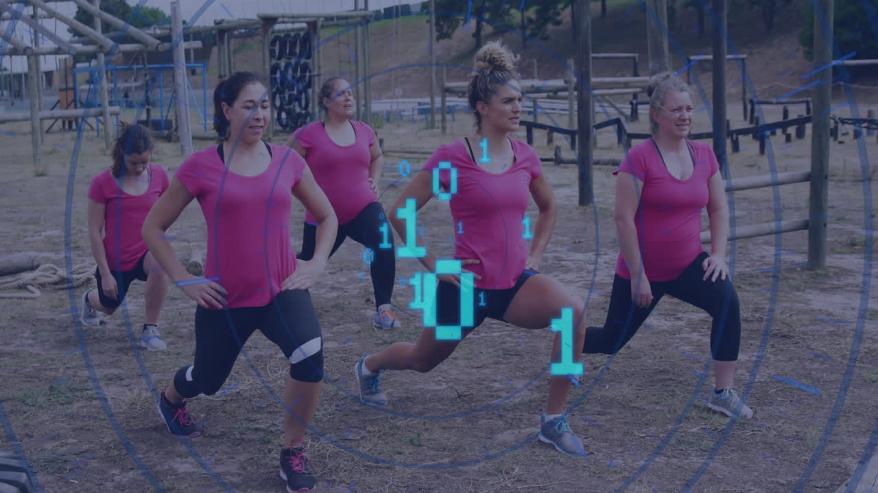 Exercising outdoors, women with digital binary code overlay in background