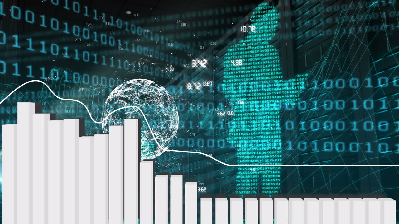animación del procesamiento de datos financieros y codificación binaria sobre fondo negro