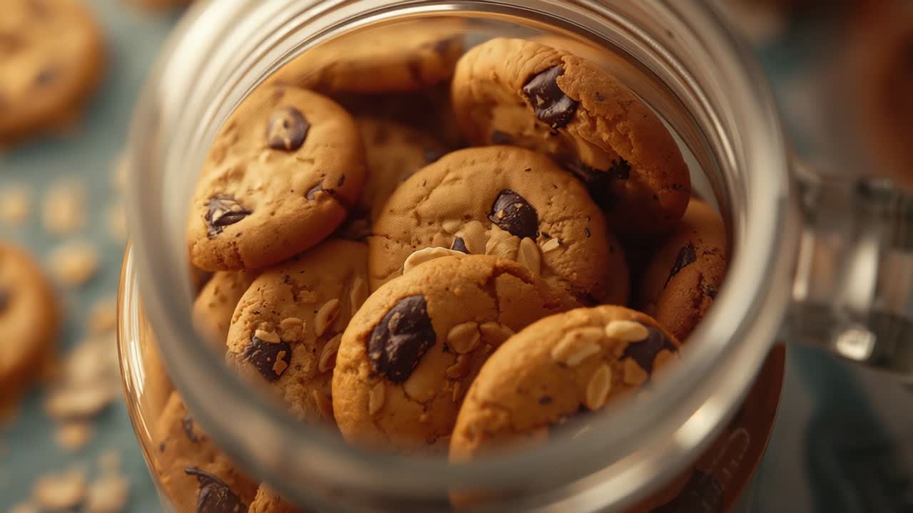 Pulling camera back on countertop glass jar with chocolate-chip oat cookies to reveal oat flakes