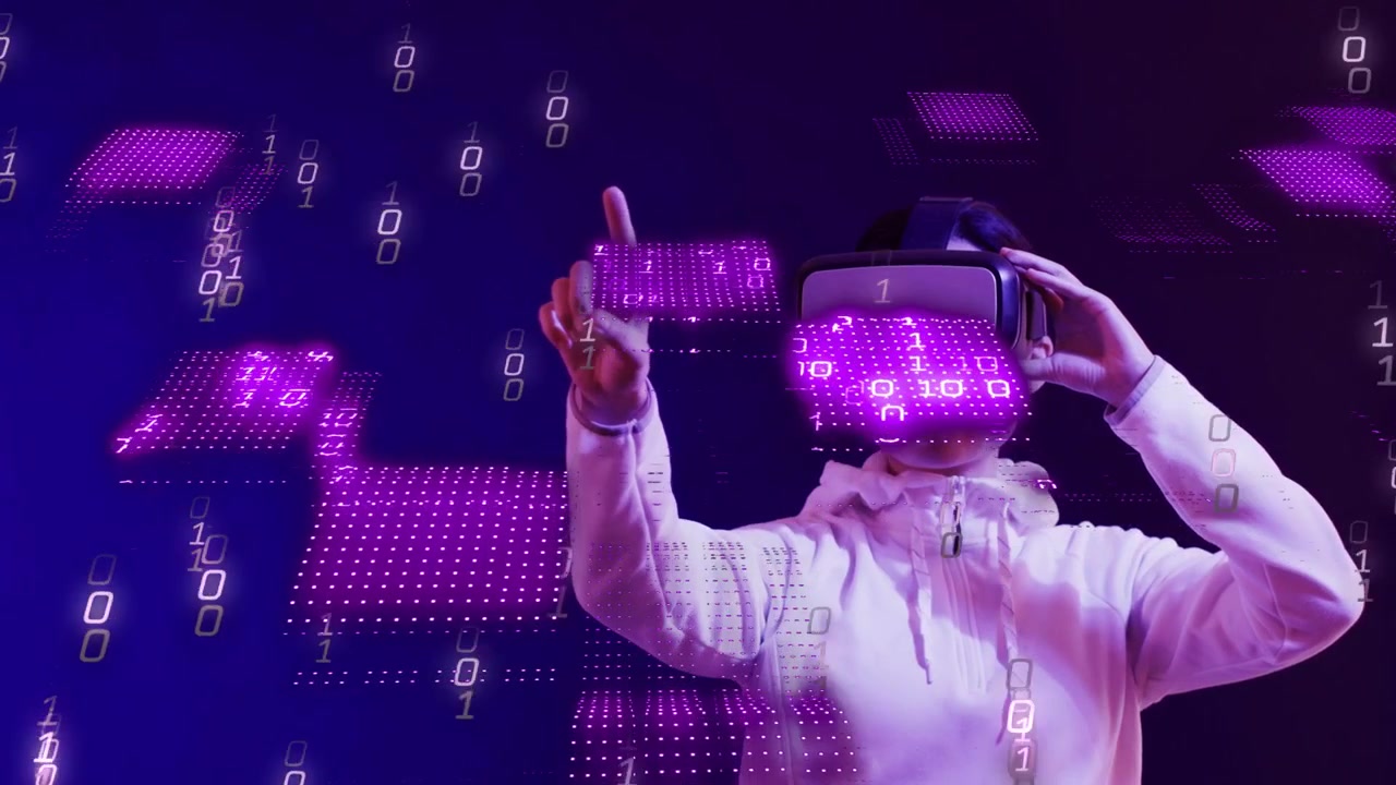 Woman adjusting VR headset, pointing, causing 0s and 1s, tapping magenta tiles to control tech UI