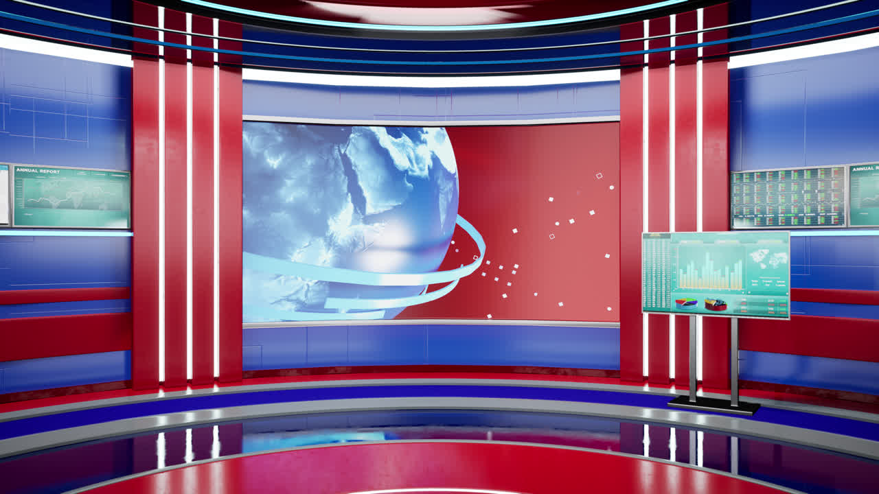 News studio with screen and stage