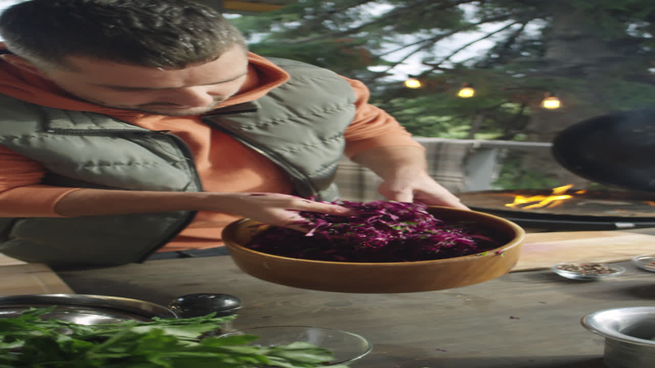 Food Blogger Mixing Salad and Talking on Camera