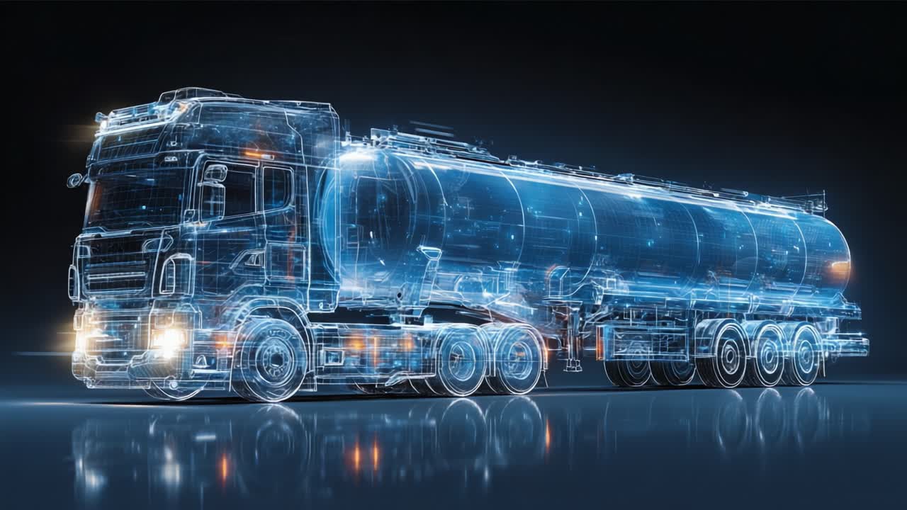 A Cutting-Edge Digital Rendering of a Modern Tanker Truck, Showcasing Complex Technological Features with a Stunning Holographic Effect Against a Dark Background