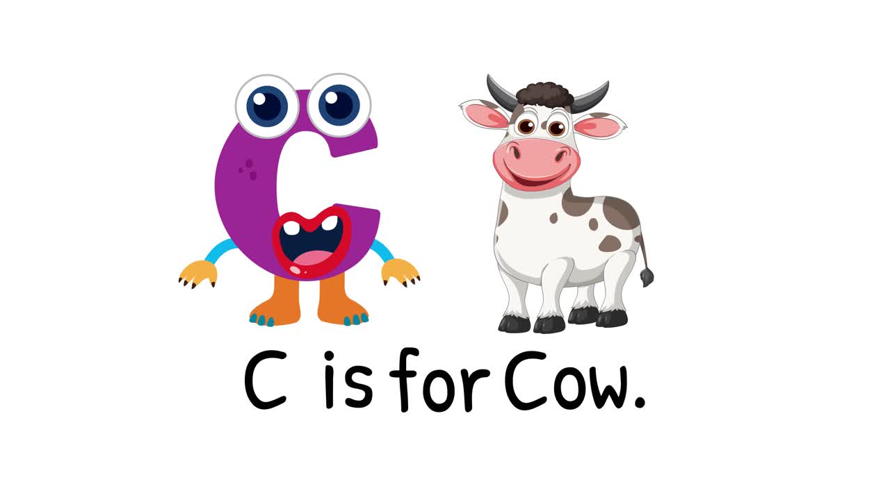 Playful animation with a letter 'C' character and a cow, emphasizing learning the alphabet