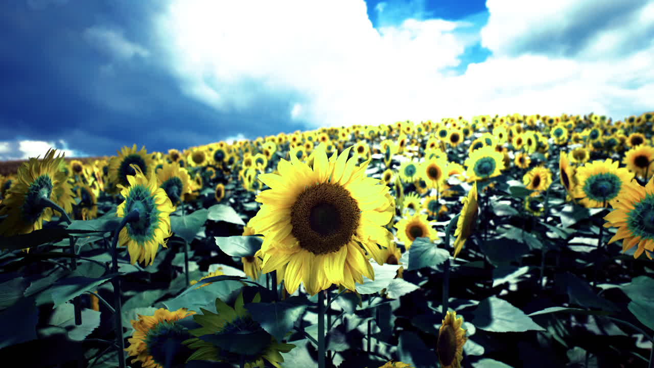 Sunflower field under a dramatic sky in mid afternoon light