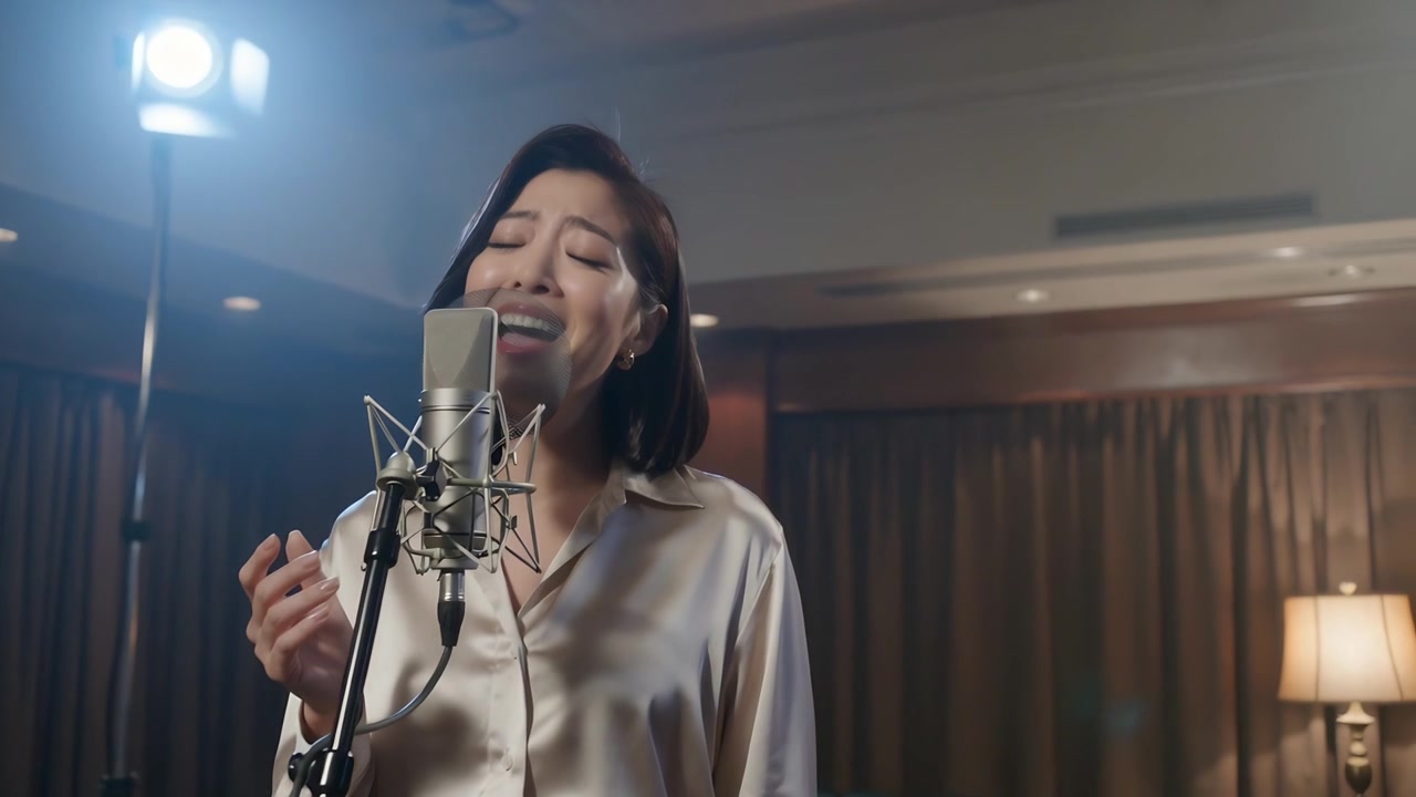 Cantante donna con camicetta di raso che prende fiato al microfono dello studio, cantando sotto una luce chiave per la registrazione.