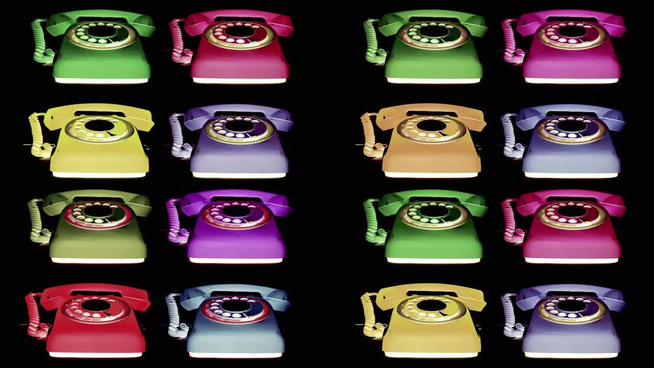 un montón de teléfonos retro de varios colores sonando juntos en bucle