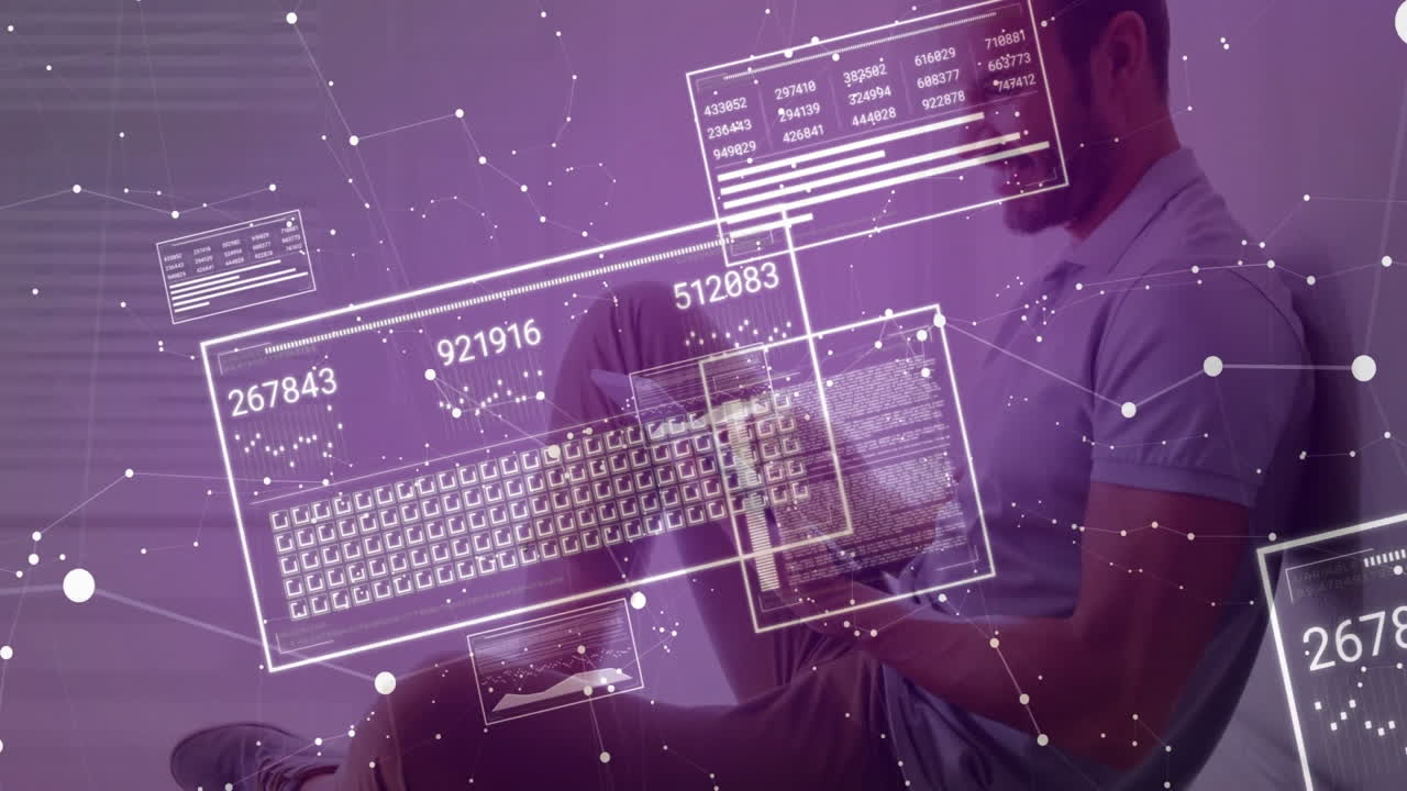 Man sitting cross-legged holding laptop visualizing holographic data panels for technology briefing