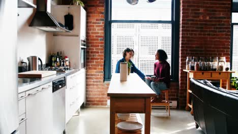 lesbian couple interacting with each other in the kitchen