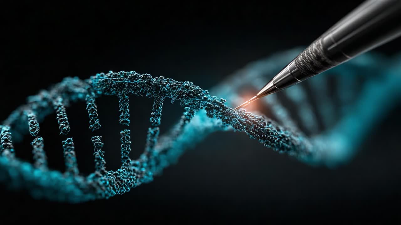 Manipolazione genetica avanzata: primo piano di uno strumento di precisione con un'elica del DNA in un ambiente molecolare high-tech