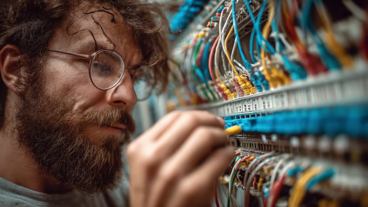 Expert Technician Carefully Connecting Wires in a Complex Network Panel, Showcasing Attention to Detail and Precision in Electrical Work