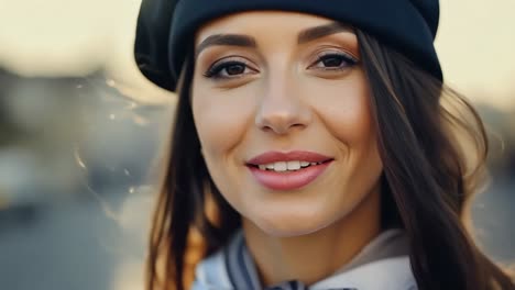 retrato de una hermosa mujer joven sonriendo alegremente en un entorno urbano, mostrando su vibrante personalidad y estilo