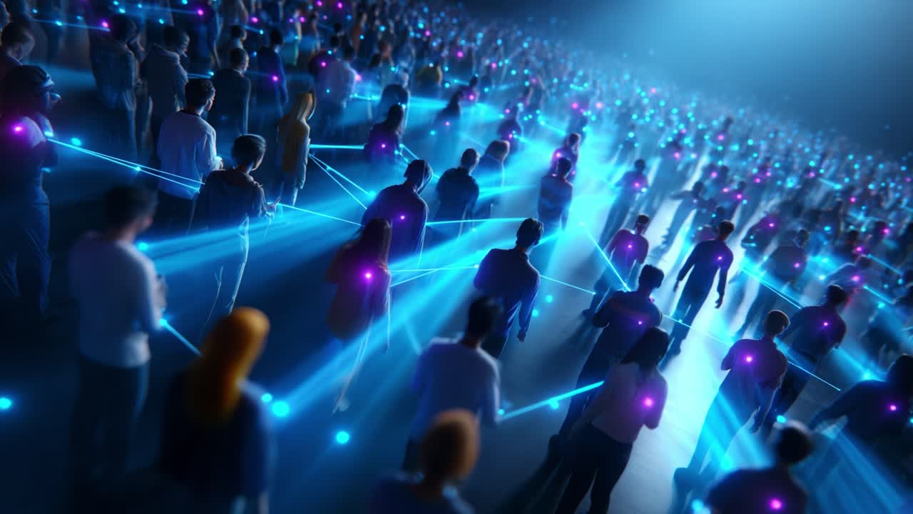 A Dynamic Network of People Interconnected by Glowing Lines of Light, Illustrating the Concept of Social Interaction and Connectivity within a Large Group in a Modern Digital World
