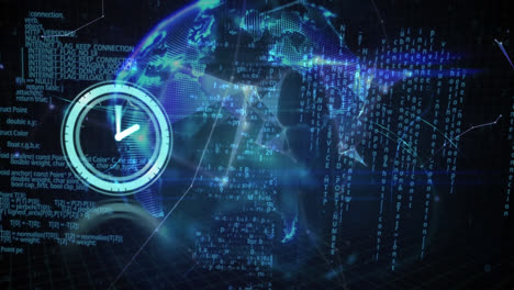 animation of clock moving over data processing on black background