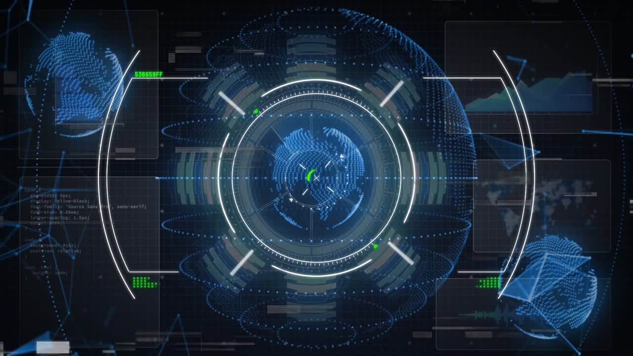 Dark grid initiating globe appearing rings rotating while side panels updating data display