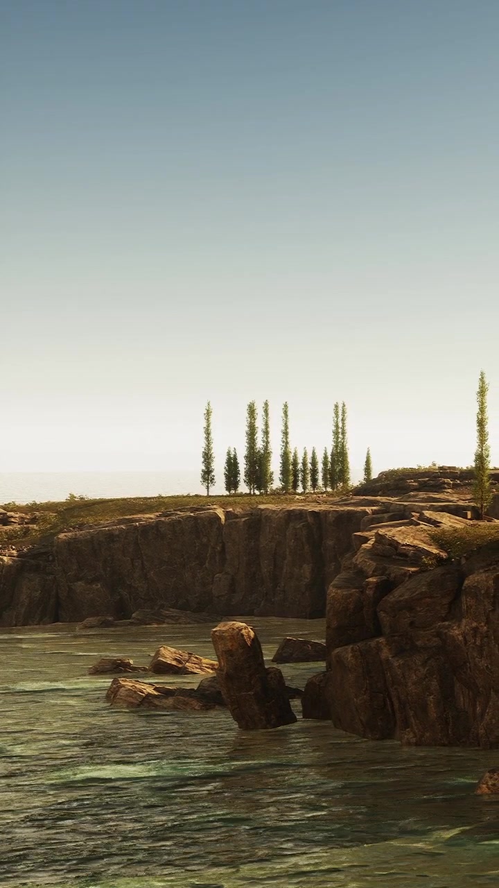 Paesaggio suggestivo della costa con sassi e alberi sotto un cielo limpido