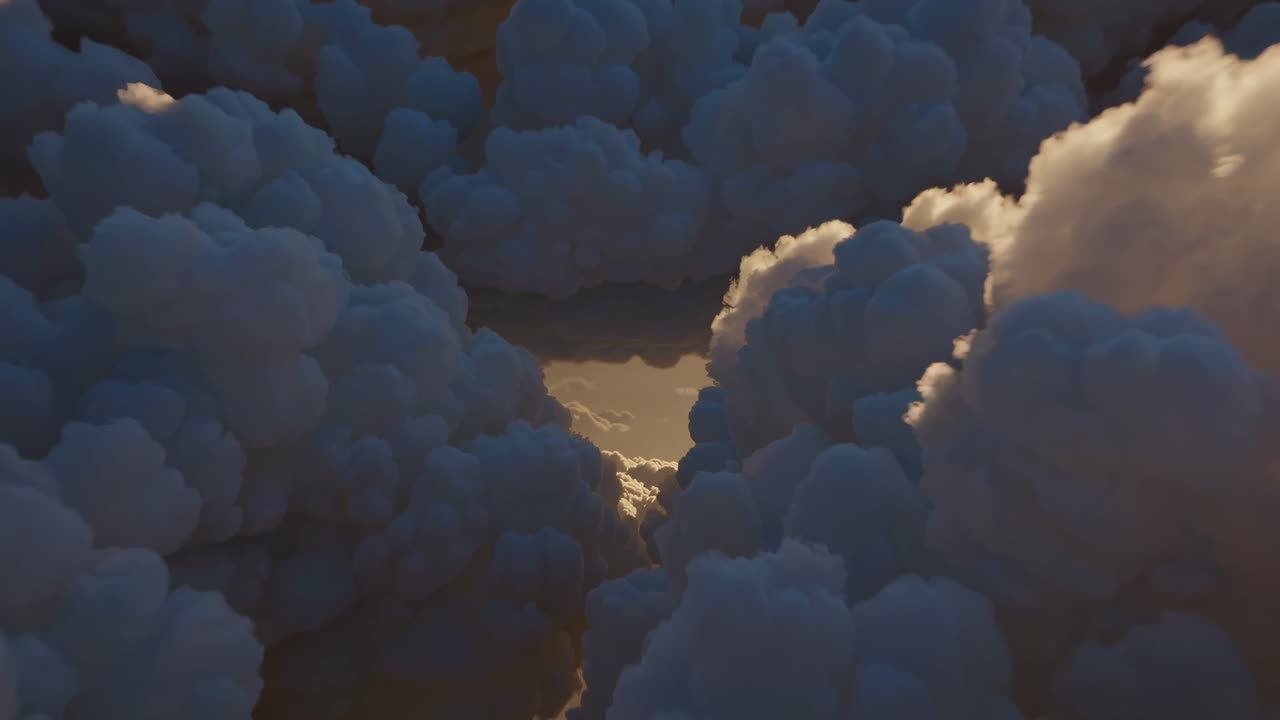 Aerial video captures a serene, expansive view of fluffy clouds at sunset, showcasing a tranquil
